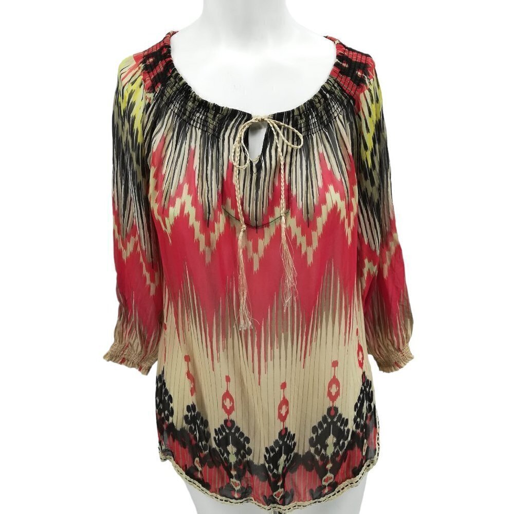 Sundance 100% Silk Sheer Ikat Peasant Boho Top Shirt Size XS Lace 3/4 Sleeve